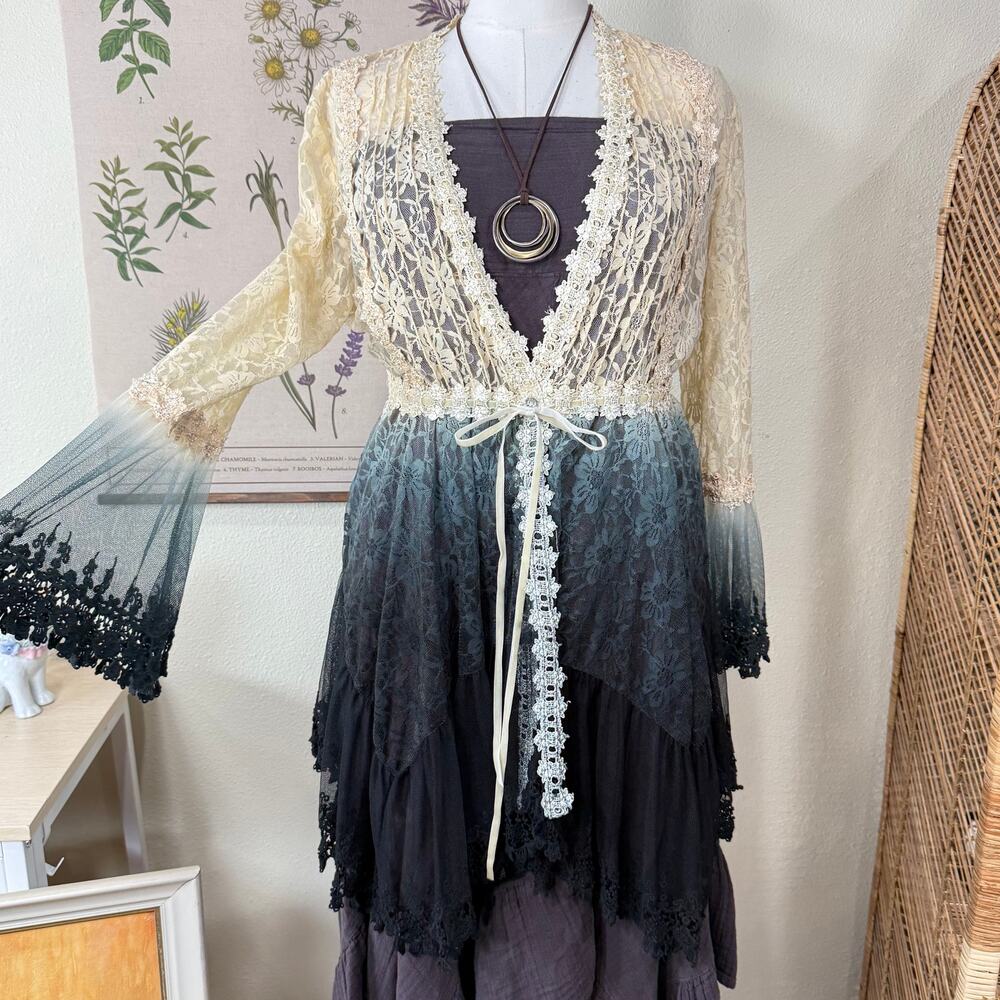 Ombre Lace Flare Sleeve Asymmetric Cardigan Fairy Grunge Whimsigoth Forest L